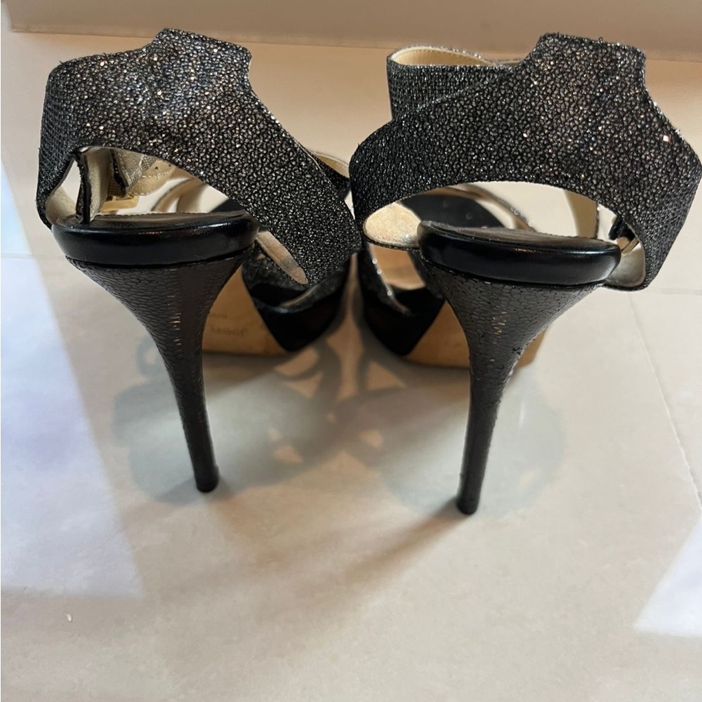 Jimmy Choo Silver-Black Glitter Crisscross Ankle Strap Heels - Picture 3 of 3